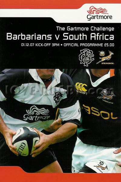 2007 Barbarians v South Africa  Rugby Programme